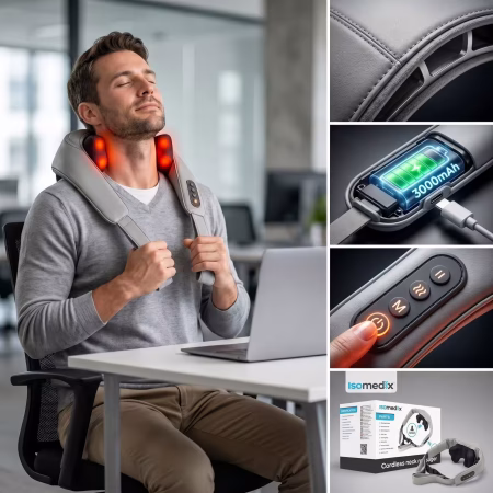 Isomedix nyakmasszírozó készülék - erőteljes shiatsu masszázsfejek és nyugtató LED fűtés a feszült izmok ellazítására