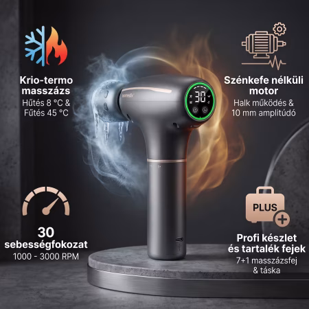 Isomedix krio-termo masszázspisztoly - hideg-meleg hatású izomregeneráló 8 db masszázsfejjel