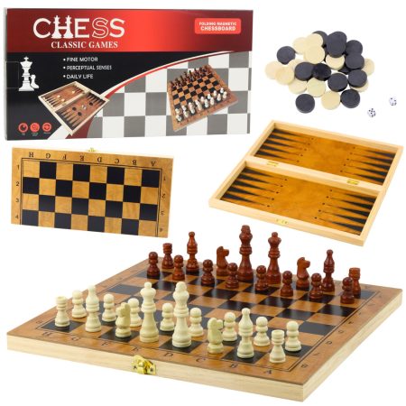 Fa logikai játék 3 az 1-ben Sakk Dáma Backgammon