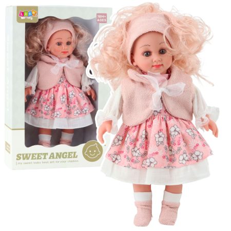 Sweet Angel baba rózsaszín virágmintás ruhában és fejpánttal 36 cm