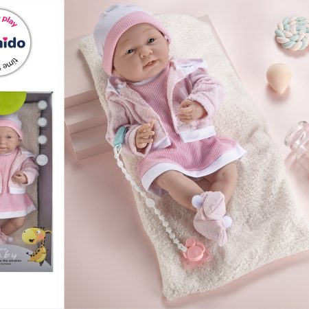 Rózsaszín pulóveres baba cumival 35 cm