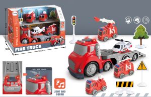 Tűzoltóautó utánfutóval kicsiknek fényekkel és hangokkal Fire Truck Transport