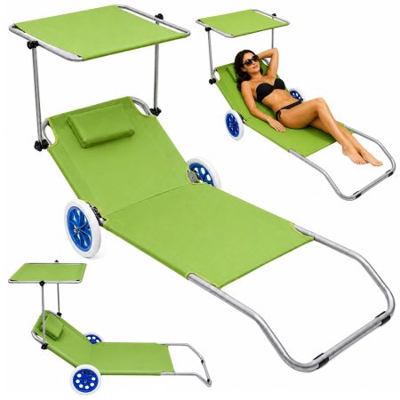 Összecsukható kerekekkel és napellenzővel ellátott strandágy
