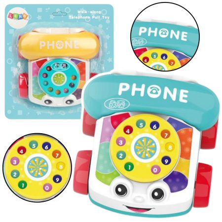 Húzható játéktelefon forgatható számlappal és kerekekkel
