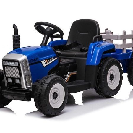 Kék elektromos traktor iparvágányral