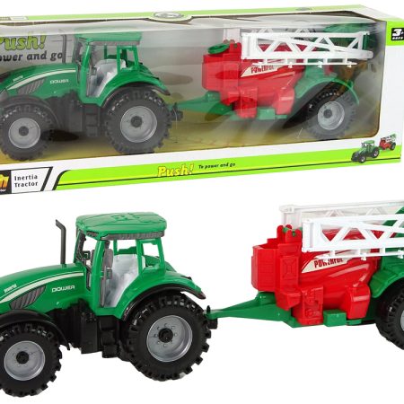 Zöld mezőgazdasági traktor piros-zöld úszó permetezővel