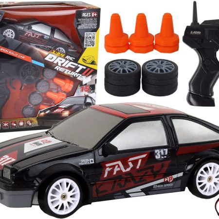 R/C 1:24 fekete távirányítós sportkocsi cserélhető kerekekkel