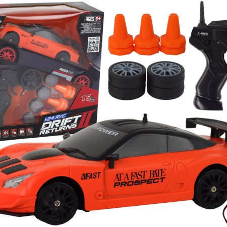 Távirányítós R/C 1:24 narancssárga sportkocsi cserélhető kerekekkel