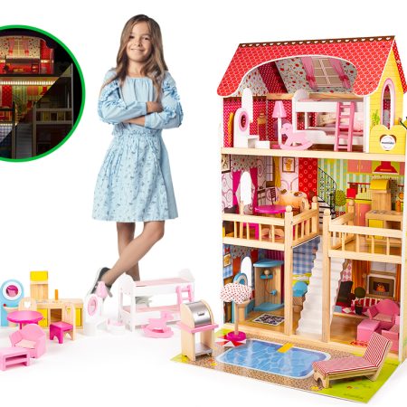 Stacy babaház XXXL 90cm medencével + LED világítás 16 db-os bútorral