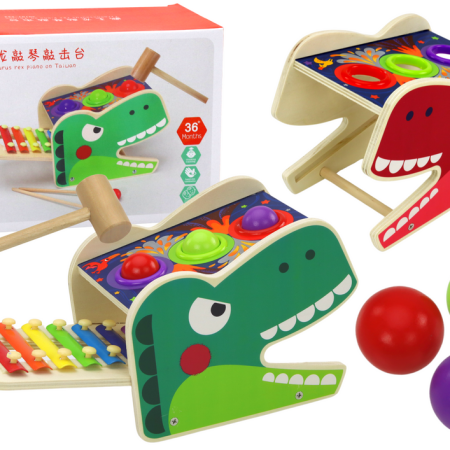 Vörös fából készült dinoszaurusz kalapáccsal és xilofonnal 2 az 1-ben