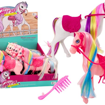 Figura ló színes sörény rózsaszín nyeregkefével farm fehér rózsaszín