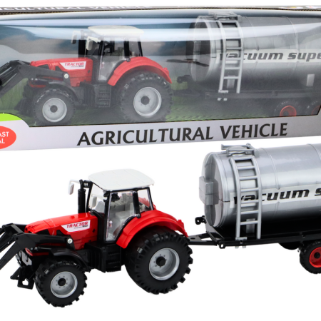 Mezőgazdasági traktor kotrógéppel és piros tartállyal meghajtással