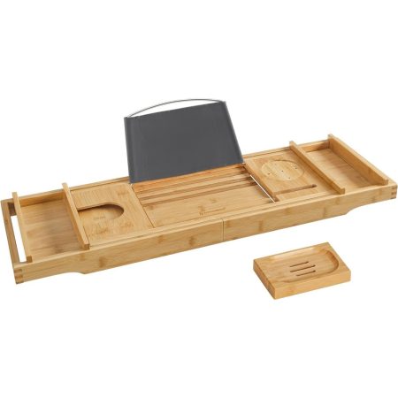 Fürdőkádra helyzhető bambusz tálca ital- és könyvtartóval 75-109 cm