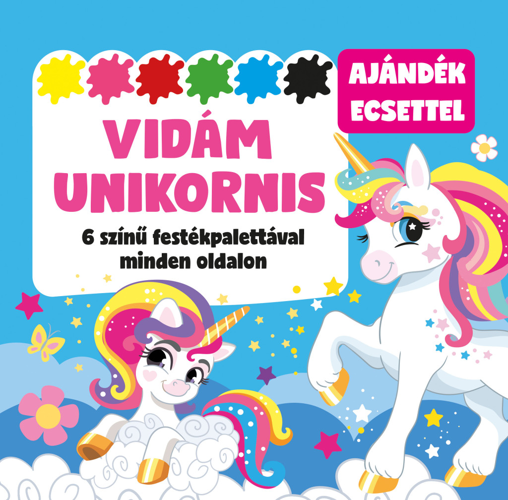 Vidám unikornis - 6 színű festékpalettával minden oldalon - ajándék ecsettel