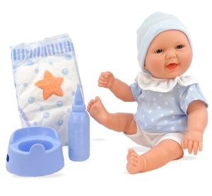 Berjuan pisilős fiú játékbaba kék csillagos ruhában 30 cm-es