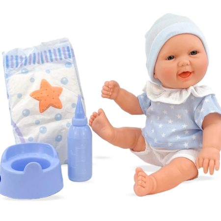 Berjuan pisilős fiú játékbaba kék csillagos ruhában 30 cm-es