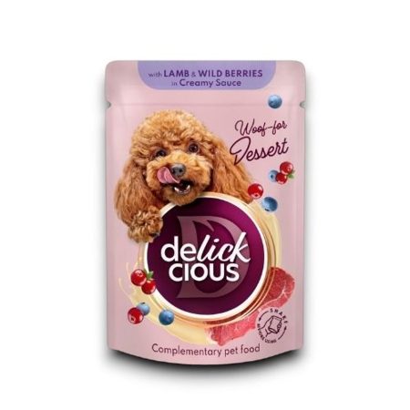 Delickcious Bárányhúsos és erdei gyümölcsös pelyhek krémes szószban kutyáknak 80g