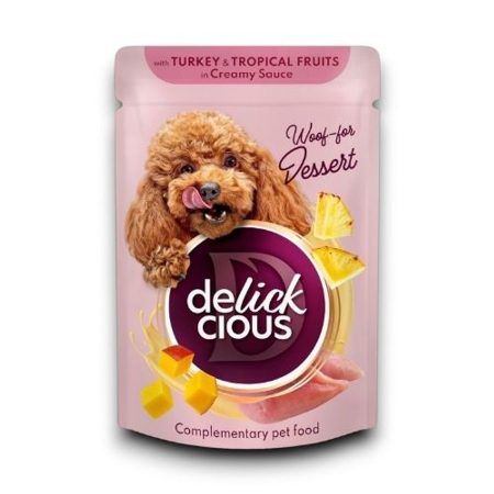 Delickcious Pulykahúsos és trópusi gyümölcsös pelyhek krémes szószban kutyáknak 80g